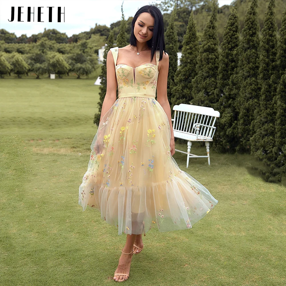 Top Trends: JEHETH Baby Yellow Embroidery Flowers Tulle Prom Dress Fairy Sweetheart Backless Spaghetti Straps Evening Party Gown Tea Length Shoppable Styles