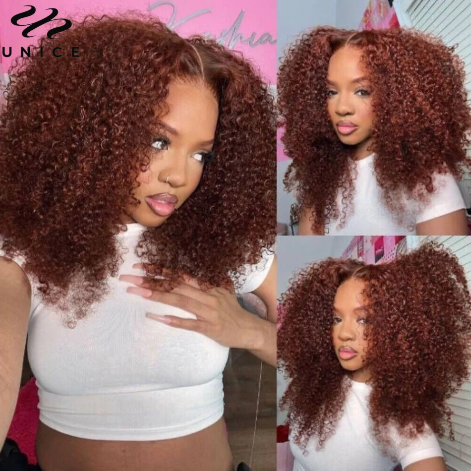 Top Trends: UNice Hair Pre Cut Lace Wear Go Glueless Wig Reddish Brown Kinky Curly Wig Human Hair Pre Bleached Knots 7x5 Lace Closure Wig Shoppable Styles