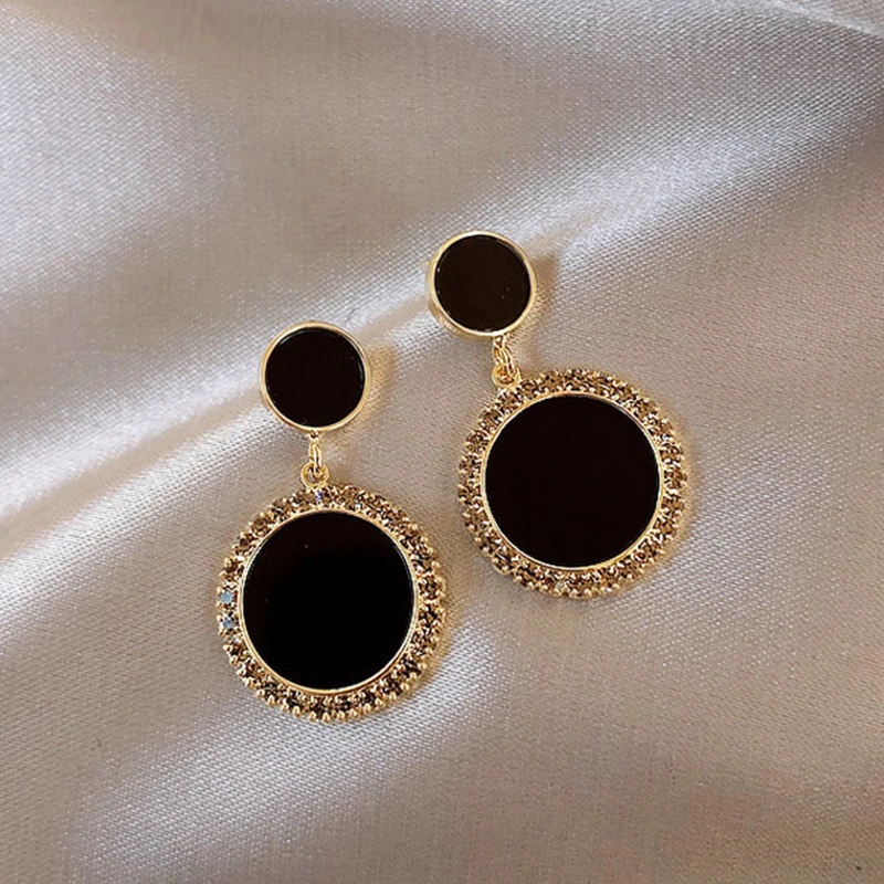 Top Trends: Korean New Black Round Rhinestone Drop Earrings For Women Shining Zircon Geometric Dangle Earring Female Temperament Jewelry Shoppable Styles