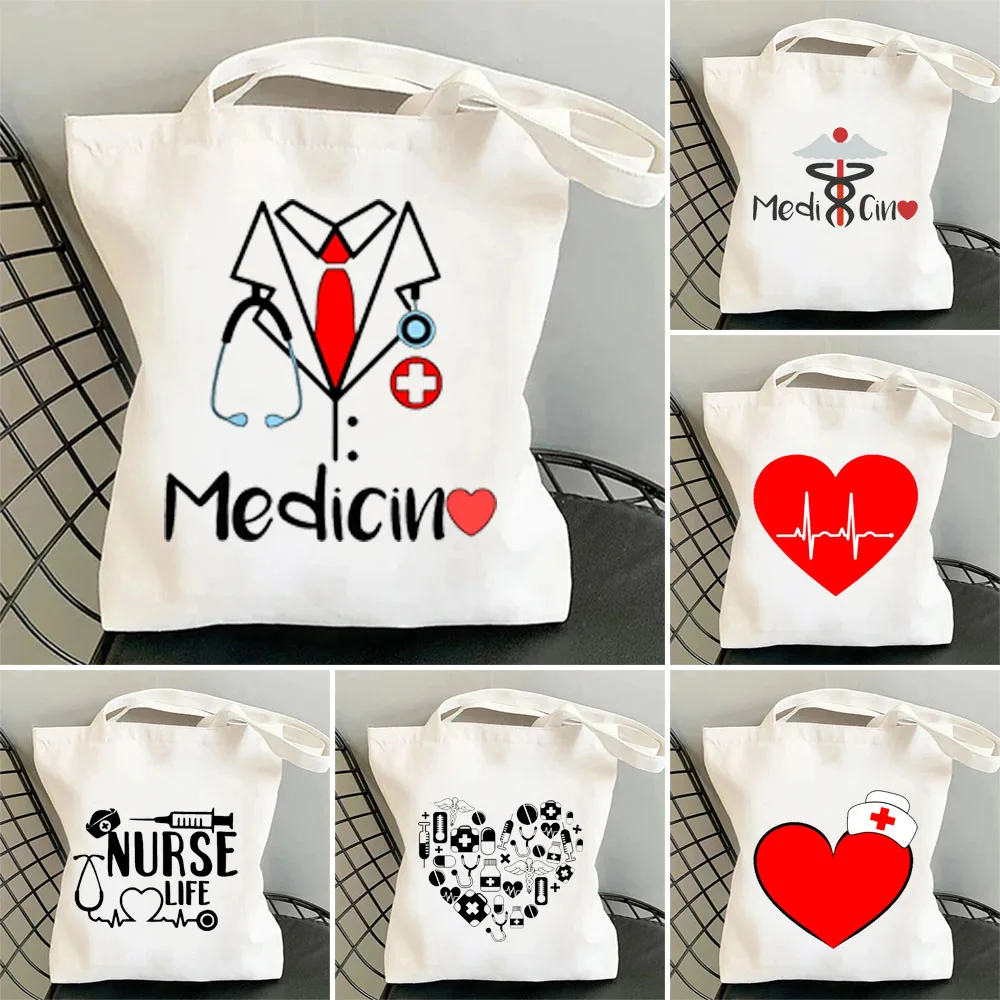 Top Trends: Medicine Art Nurse Life Shoulder Bag Red Heart ECG Stethoscope Canvas Tote Bags Women Shopping Reusable Casual Female Handbags Shoppable Styles