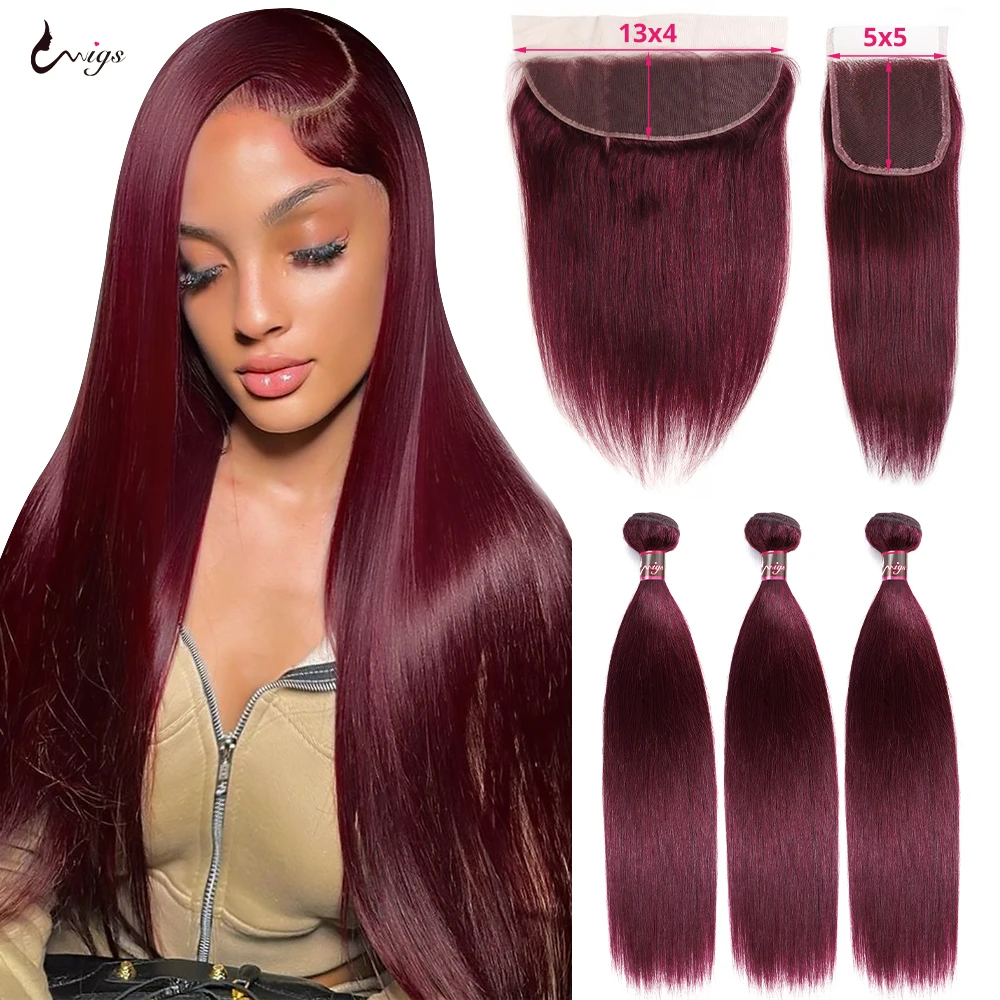 Top Trends: 99j Hair Bundles With Frontal Brazilian Hair Bone Straight Human Hair Bundles With 5x5 Closure Ombre Colored Burgundy 3 Bundles Shoppable Styles