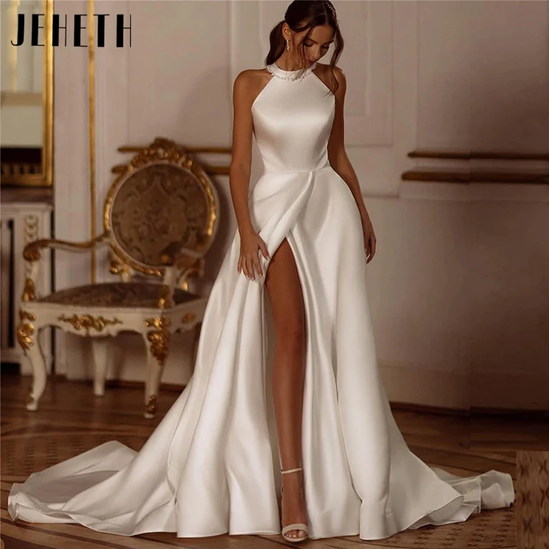 Top Trends: JEHETH Satin Halter Neck Wedding Dresses Women Bow Backless Split Bridal Gowns Sleeveless Elegant Pearl A-Line Vestidos De Novia Shoppable Styles