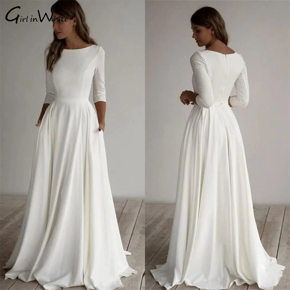 Top Trends: Simple Satin A-line Wedding Dress Half Sleeve O Neck Bridal Wedding Gown Modest Bride Dress Vestido De Novia Robe De Mariée Shoppable Styles