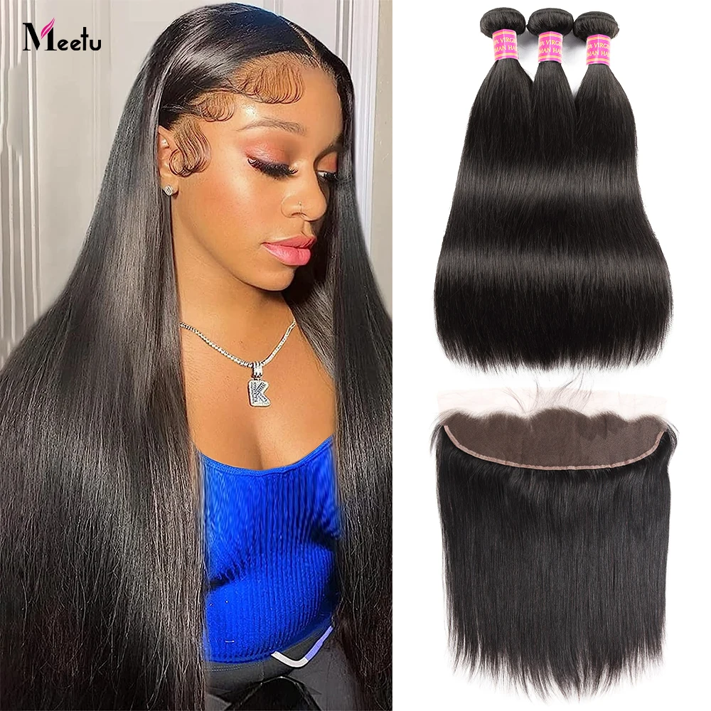 Top Trends: 28 30 Inch Long Thick Straight Bundles With Frontal 13x4 Virgin Human Hair Bundles With Frontal 3 / 4 Bundles With Frontal Closure Shoppable Styles