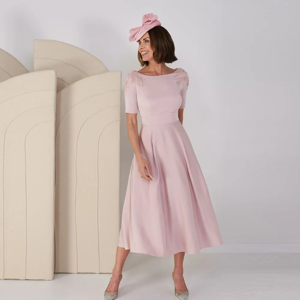 Top Trends: Elegant Pink Mother Of The Bride Dresses O Neck Short Sleeves A-Line Wedding Party Dress Appliques Tea-Length فساتين السهرة Shoppable Styles