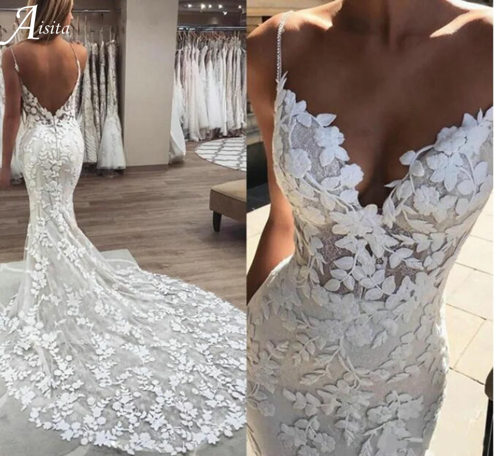 Top Trends: Romantic Spaghetti Straps Mermaid Wedding Dresses Lace Embroidery Vestidos De Novia Sexy Tulle Sweep Train Fishtail Bridal Robe Shoppable Styles