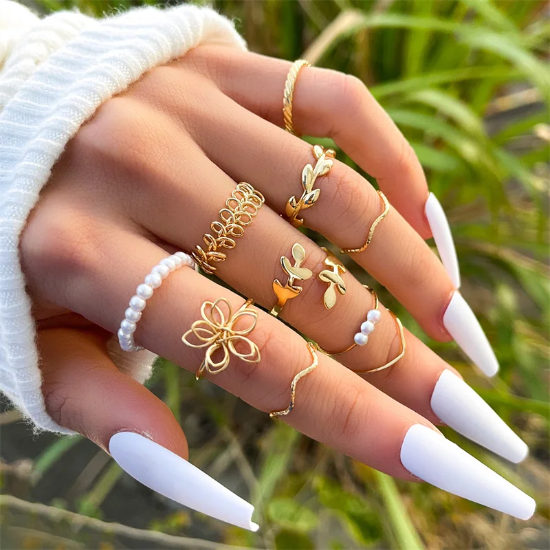 Top Trends: Bohemian Wave Flower Rings Set For Women Vintage Geometric Pearl Butterfly Metal Chain Knuckle Rings 2022 Trendy Jewelry Gift Shoppable Styles