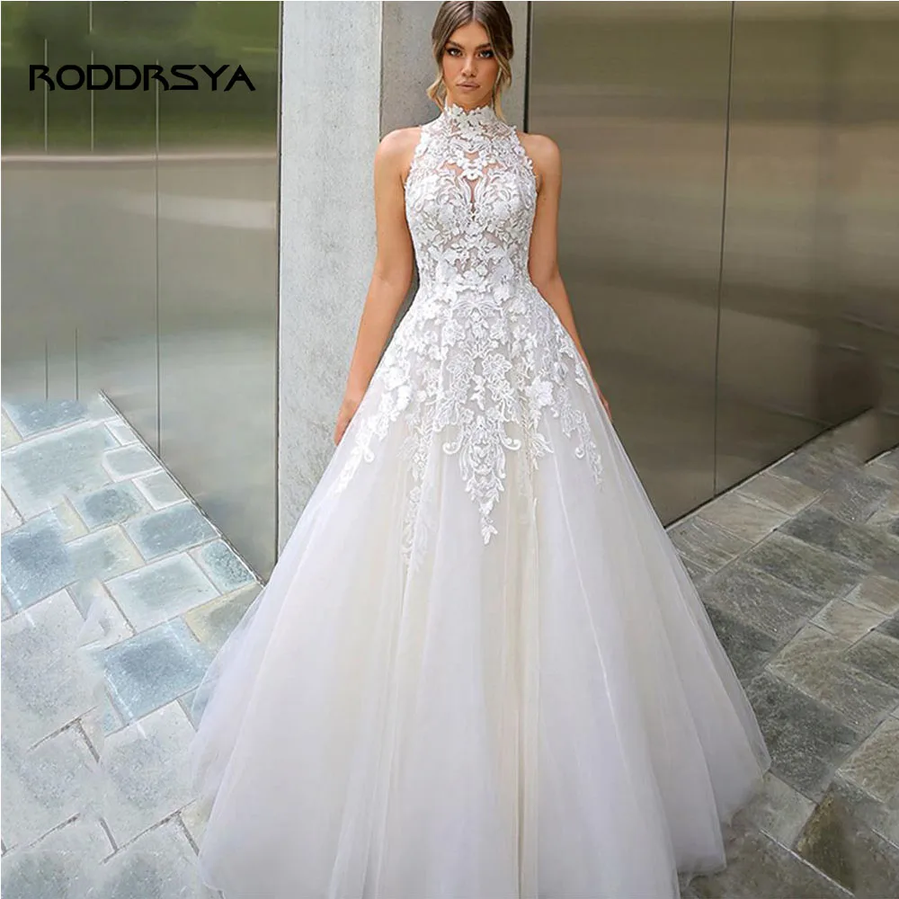 Top Trends: RODDRSYA High Neck Sleeveless Tulle Wedding Dresses Lace Appliques Illusion Back Bridal Gowns A-Line Custom Made Robe De Mariée Shoppable Styles