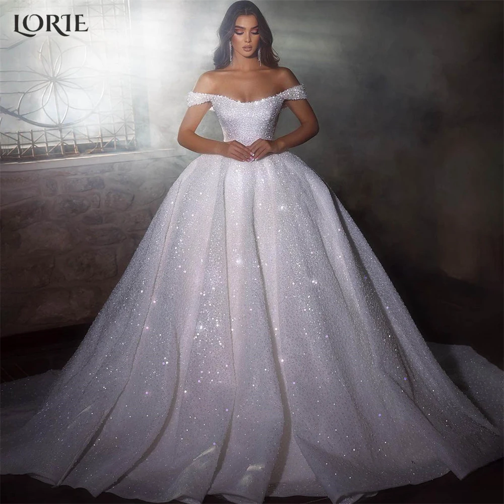 Top Trends: LORIE Solid Glitter Wedding Dresses Sparkly Off Shoulder A-Line Shiny Pleated Bridal Gowns Shiny Princess Bride Dress Plus Size Shoppable Styles