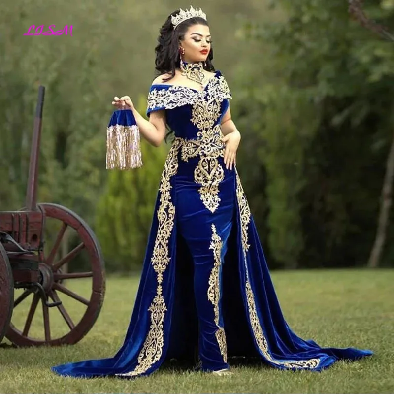 Top Trends: LISM Moroccan Caftan Evening Dresses Gold Lace Appliques Cap Sleeve Royal Blue Mermaid Velvet Arabic Prom Gowns Long Party Dress Shoppable Styles