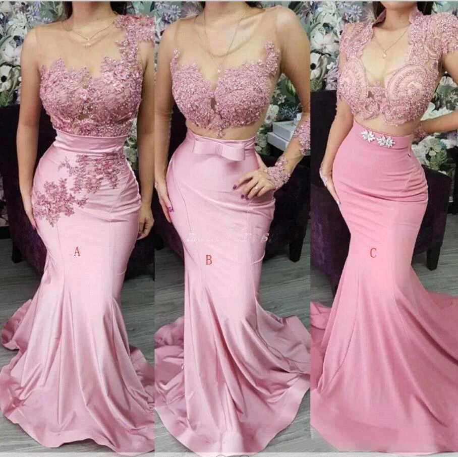 Top Trends: Fashion Blush Pink Lace Applique Satin Mermaid Bridesmaid Dresses Sleeveless Prom Party Gowns Maid Of With Bow Tailing Evening Shoppable Styles