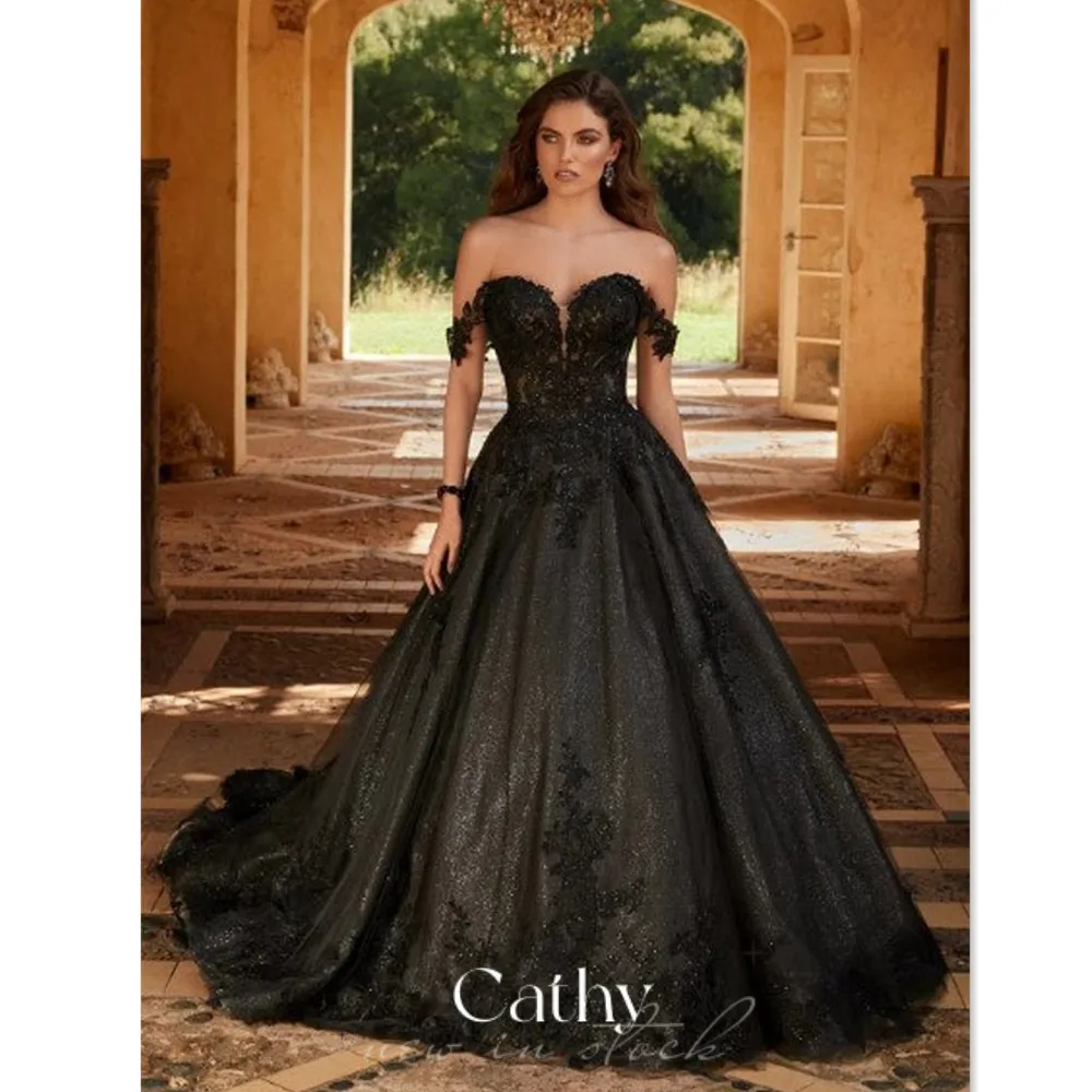 Top Trends: Shiny Black Off The Shoulder Wedding Gown Gothic Black Tull Sweep Train Wedding Dress Gothic Lace Embroidery Bride Gown Shoppable Styles