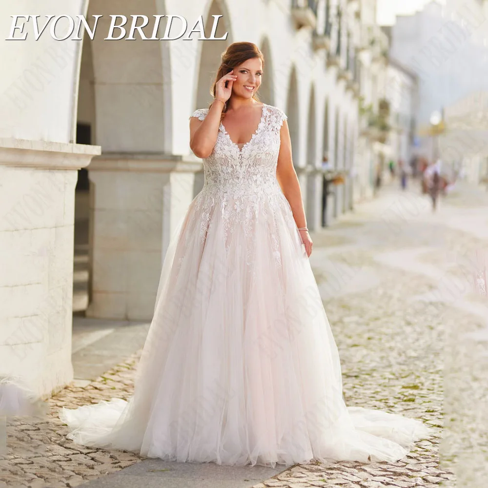 Top Trends: EVON BRIDAL Backless Cap Sleeves Wedding Dresses Plus Size Pink Tulle A-Line V-Neck Applique Bride Gowns Vestidos De Novia Shoppable Styles