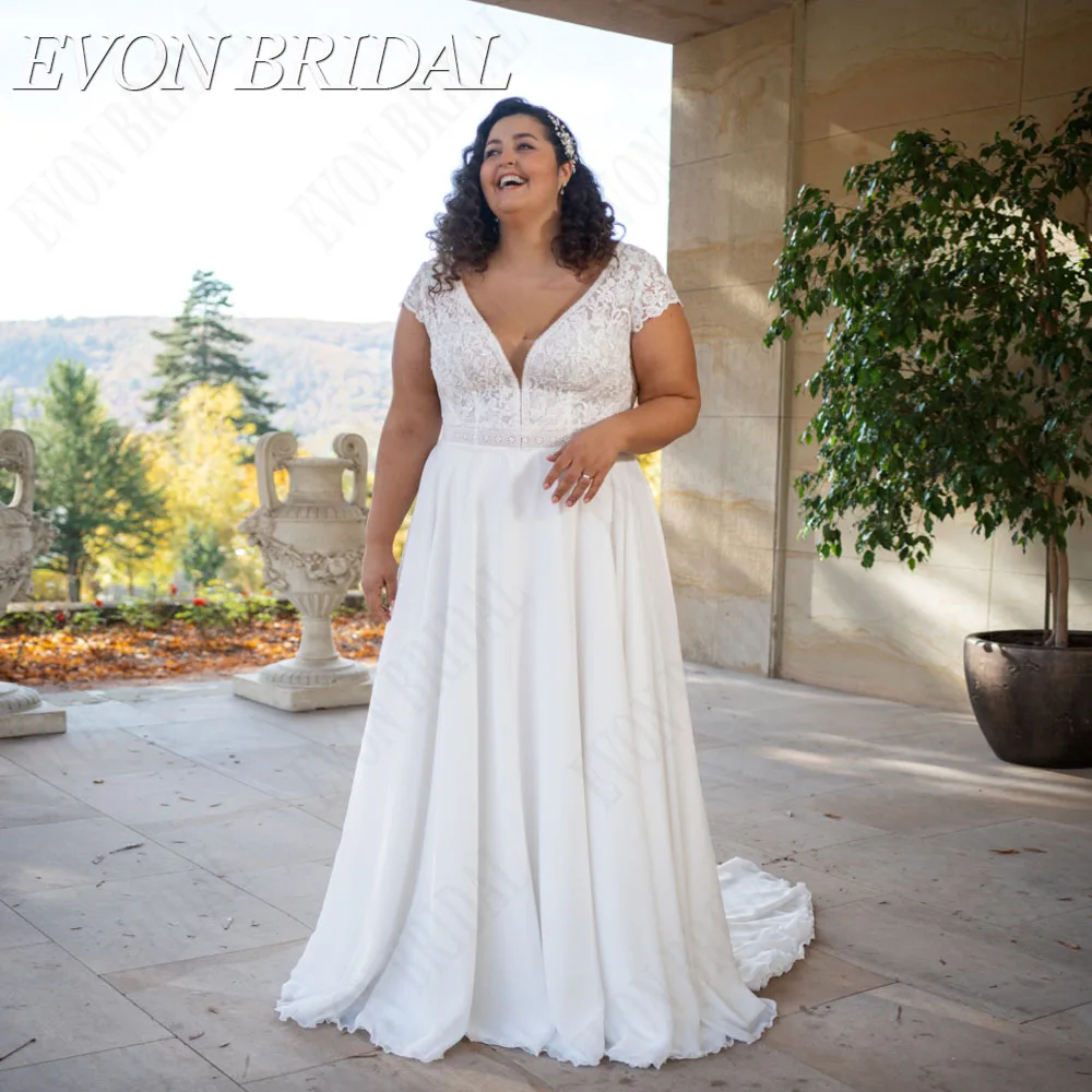 Top Trends: EVON BRIDAL Chiffon A-Line Wedding Dress Plus Size Double V-Neck Lace Robe De Mariée Bride Gowns Short Sleeves Custom Made Shoppable Styles