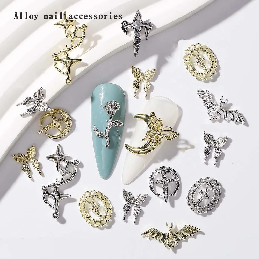 Top Trends: 20Pcs Japan Korea Metal Nail Art Charms 3D Halloween Vintage Design Bat Cross Heart Flower Chain Loop DIY Alloy Nail Accessories Shoppable Styles