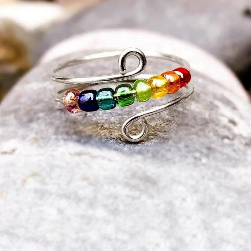 Top Trends: Bohemian Rainbow Beads Anxiety Ring Rotate Freely Anti Stress Fidget Spinner Rings For Women Girls Fashion Wedding Jewelry Shoppable Styles