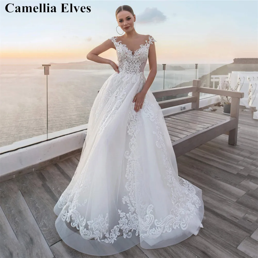 Top Trends: Elegant A Line Wedding Dresses Sheer Scoop Neck Cap Sleeve Bride Robes Tulle Button Lace Appliques Bridal Gowns Vestido De Novia Shoppable Styles