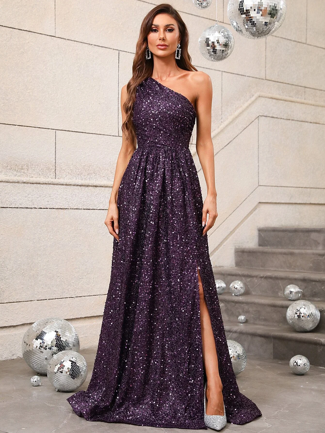 Top Trends: Hot Selling Sexy Fashion One Shoulder High Slit Sequin Formal Dress Sleeveless High Waist Zipper A Line Evening Gown Prom Dress Shoppable Styles