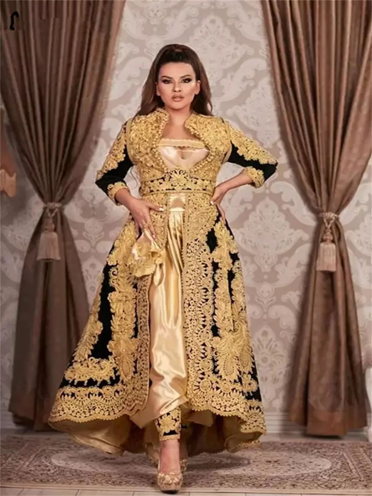 Top Trends: Vestido De Novia 2023 Gothic Traditional Kosovo Albanian Caftan Black Evening Dress Long Sleeves Gold Applique For Arabic Women Shoppable Styles