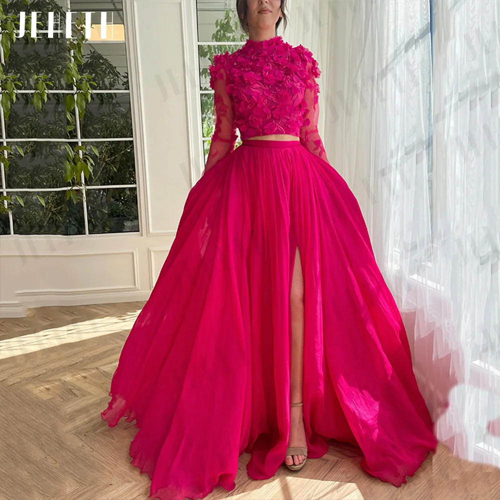 Top Trends: JEHETH Exquisite Foral Prom Dresses 3D Flowers Upper And Lower Pieces High Neck Evening Long Sleeves Split Party Gown فساتين Shoppable Styles