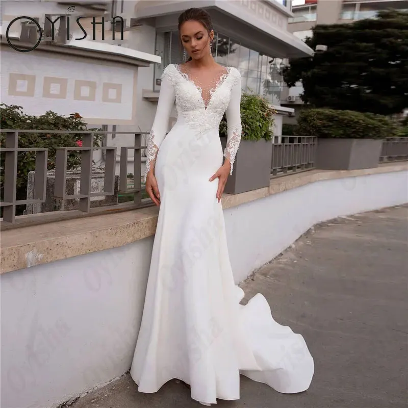 Top Trends: OYISHA Mermaid Scoop Wedding Dresses Elegant Full Sleeves Satin Lace Bridal Gowns For Woman Appliques Simple Vestido De Mariages Shoppable Styles