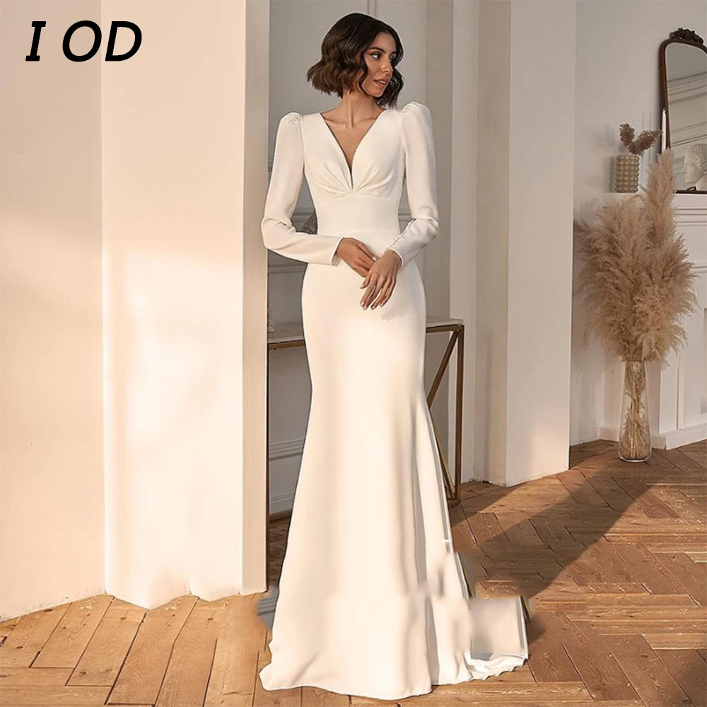 Top Trends: I OD Simple Mermaid Wedding Dress Sexy V-Neck Long Sleeves Backless Button Pleat Bridal Gown New Vestidos De Novia Sweep Train Shoppable Styles