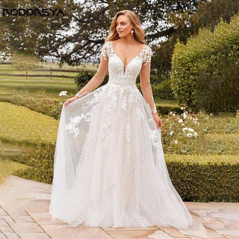 Top Trends: RODDRSYA V-Neck Appliques Wedding Dresses Backless Button A-line Bridal Gown Robe De Mariée Bohème Lace Long Sleeves Custom Made Shoppable Styles