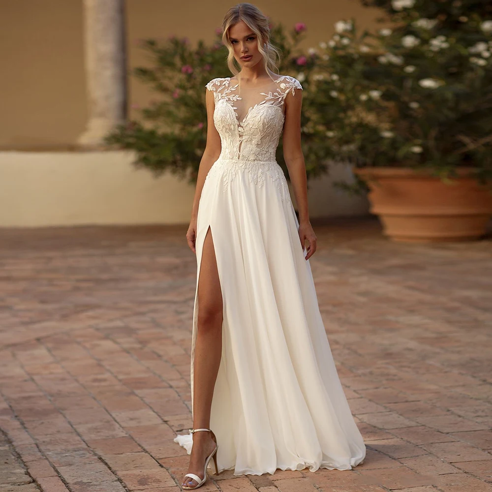 Top Trends: Classic Cap Sleeve Beach Wedding Dress For Brides Sexy Illusion V-Neck Lace Chiffon Side Slit Civil Bridal Gowns Robes De Mariée Shoppable Styles