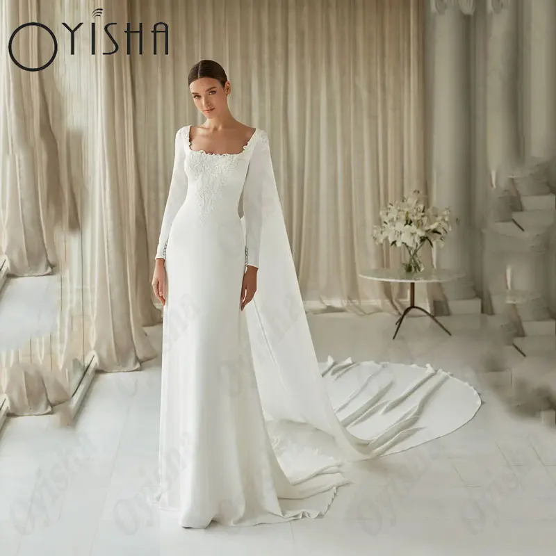 Top Trends: OYISHA A-Line Full Sleeves Wedding Dresses Classic Square Collar Satin Appliques Bridal Gowns Backless White Vestido De Mariages Shoppable Styles