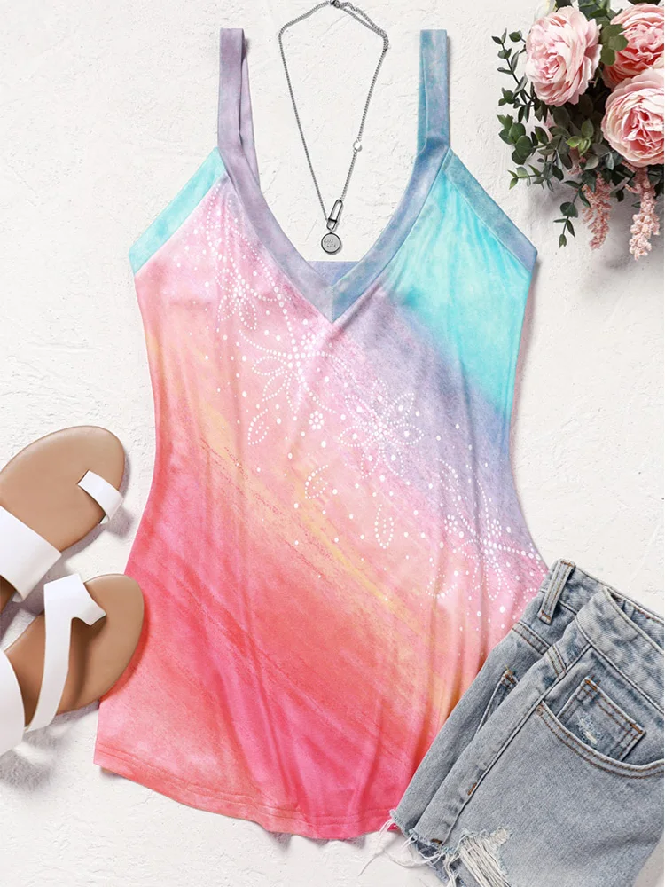 Top Trends: Floral Gradient Casual Camisole Y2k Sexy Strap Tanks Women Sleeveless Crop Tops V-Neck Vest Casual Tee Female Hollow Out Top Shoppable Styles - Image 3