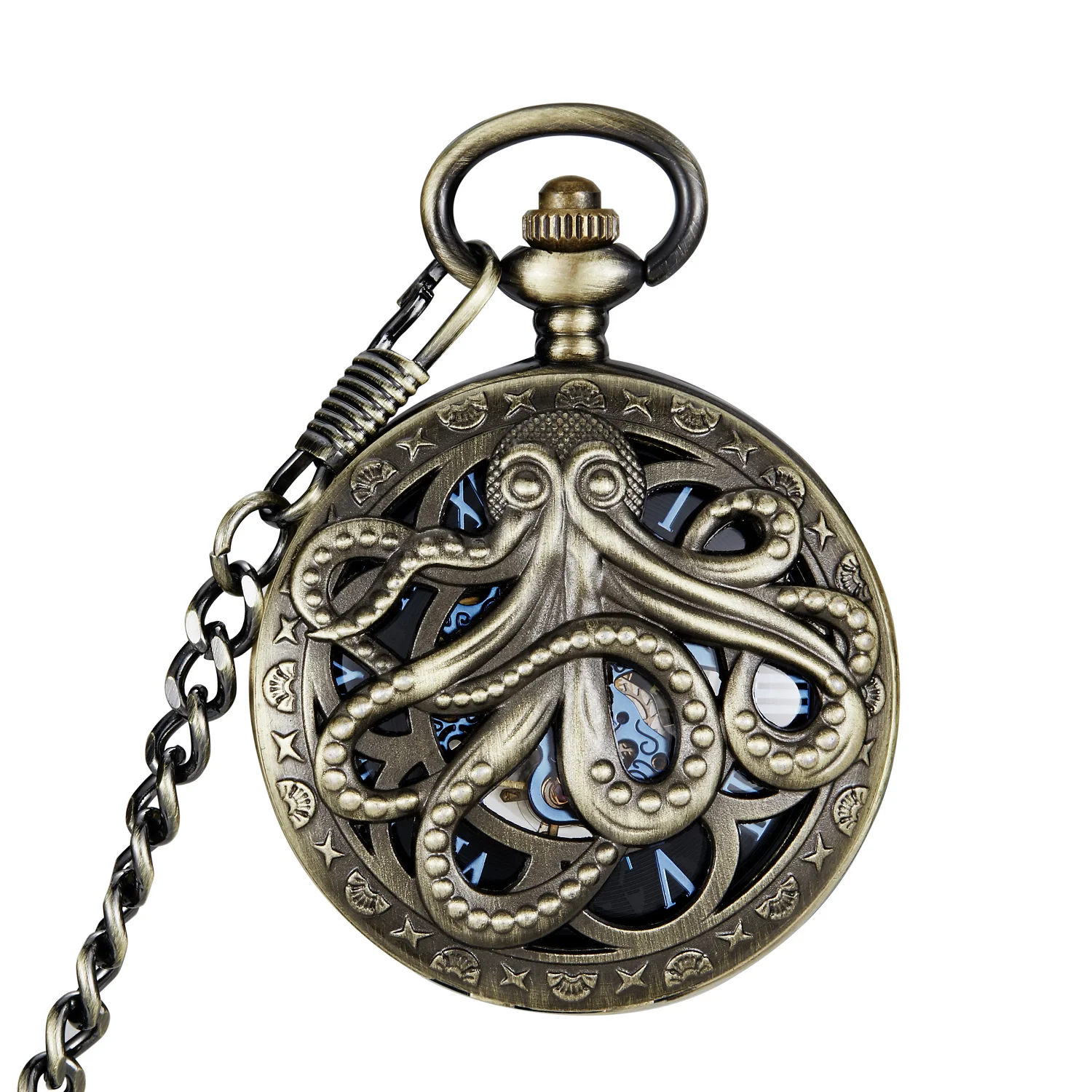 Top Trends: Vintage Octopus Hollow Half Hunter Mechanical Pocket Watch Steampunk Black Pocket Watch Necklace Chain Gifts For Kids Shoppable Styles