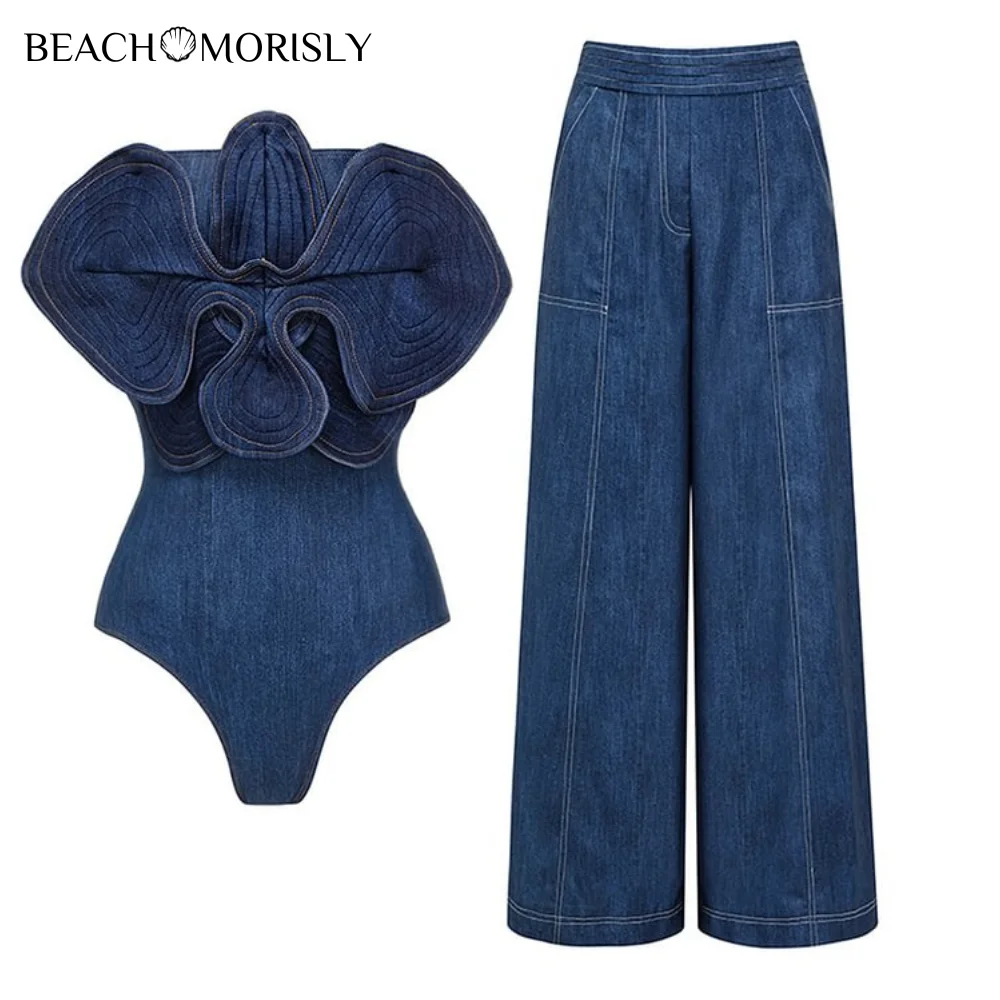 Top Trends: 2024 New Swimsuit Set Off Shoulder 3D Flower Denim Printed One Piece Women Swimwear Beachwear Bikinis Bathing Suit Bodysuit Shoppable Styles