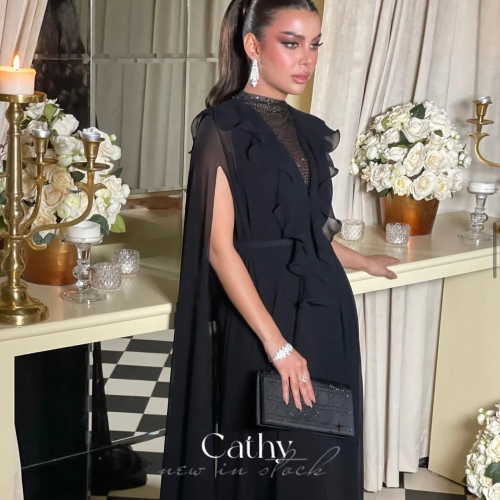 Top Trends: Cathy Black Chiffon Cape فستان سهرة Sexy V-neck A-line Prom Dress Sleeveless Party Dres Silk Chiffon Floor Lenght Evening Dress Shoppable Styles