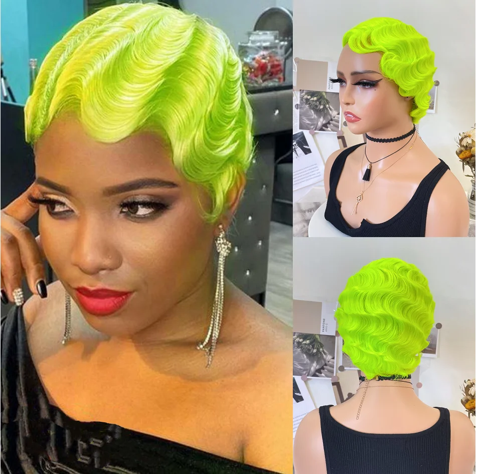 Top Trends: WIGERA Fluorescent Green Finger Wave Wig Synthetic Color Short Curly Wigs For Women Nuna 1920s Cosplay Halloween Party Daily Use Shoppable Styles