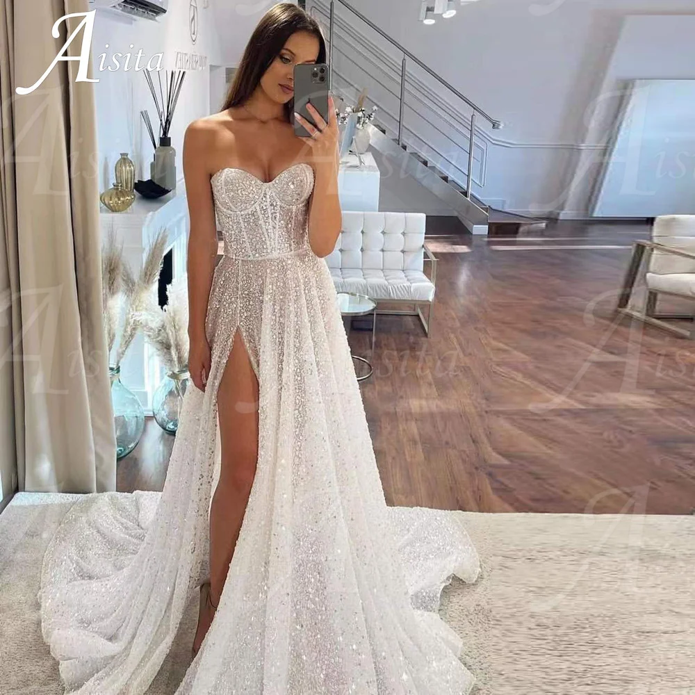 Top Trends: Sexy Strapless Side Split Wedding Dresses Glitter A-line Bridal Gown Summer Beach Vestidos De Novia свадебное платье Shoppable Styles