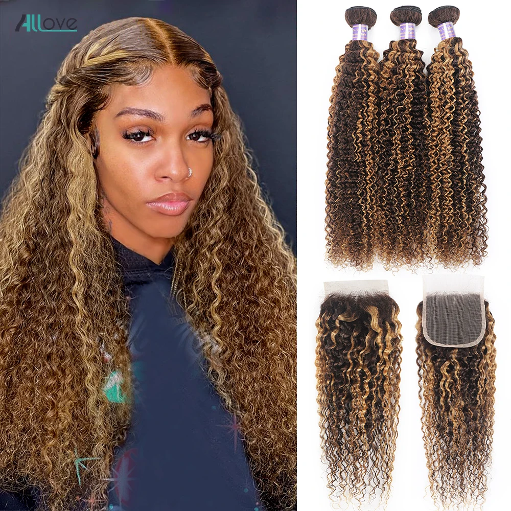 Top Trends: P4 / 27 Highlight Curly Hair Bundles With Closure 4x4 Transparent Lace Closure With Bundles Brazilian Ombre Honey Blonde Bundles Shoppable Styles