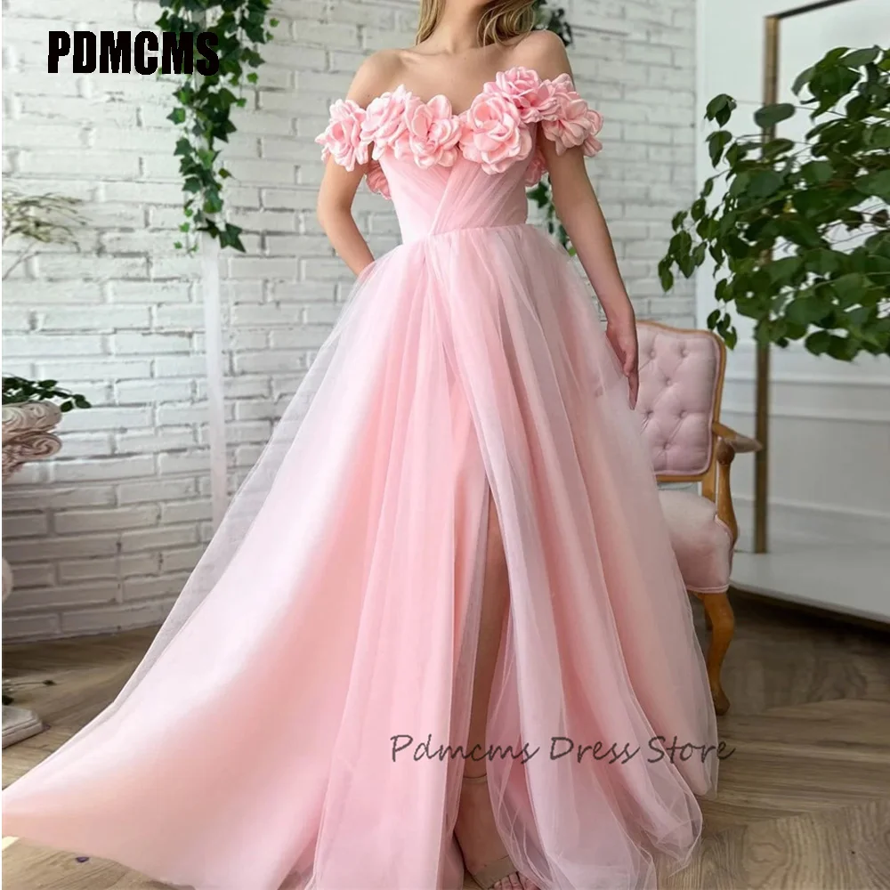 Top Trends: Pink Flower Prom Dresses Pleats Long A Line Front Slit Off Shoulder Formal Party Graduation Homecoming Evening Gowns Custom Made Shoppable Styles