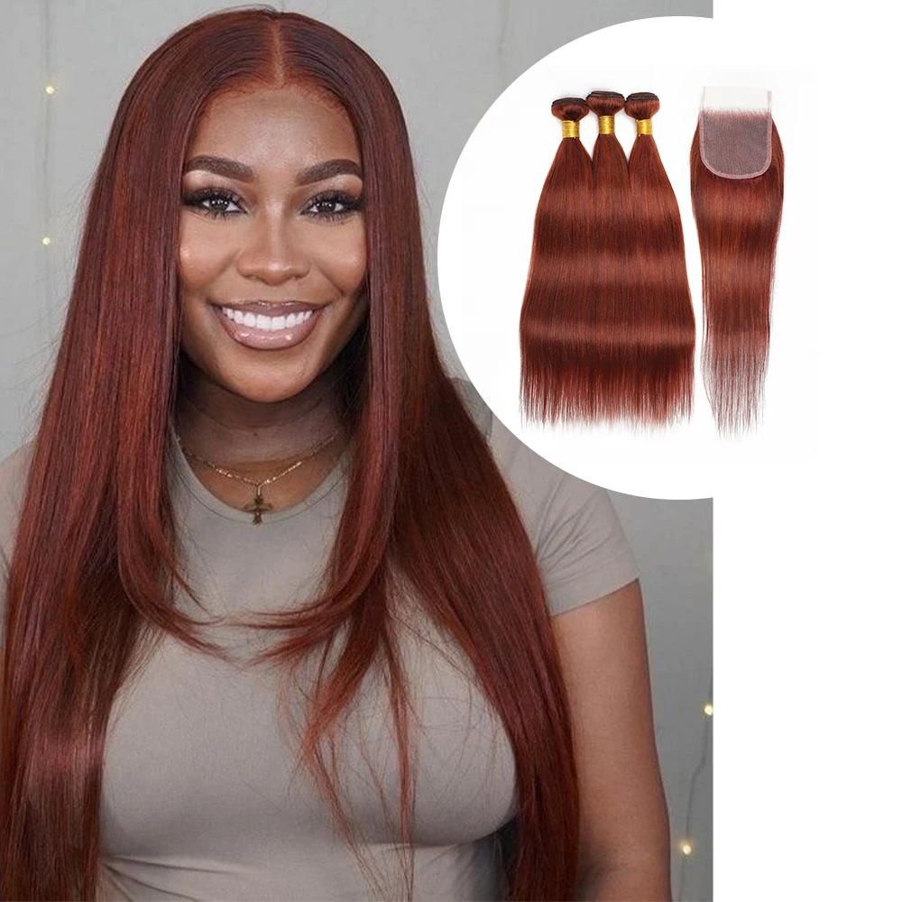 Top Trends: Reddish Brown Remy Human Hair 3 / 4 PCS Weave Bundles With 4x4 4x13 Transparent Lace Closure Frontal Color Brazilian Straight Hair Shoppable Styles