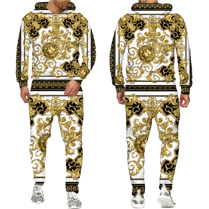 Top Trends: Golden Lion Pattern Men's Tracksuit Fashion Hooded Sports Wear Outfits Baroque Style Hoodie / Pants / Suit Male Thin Two Pieces Sets Shoppable Styles - Image 2