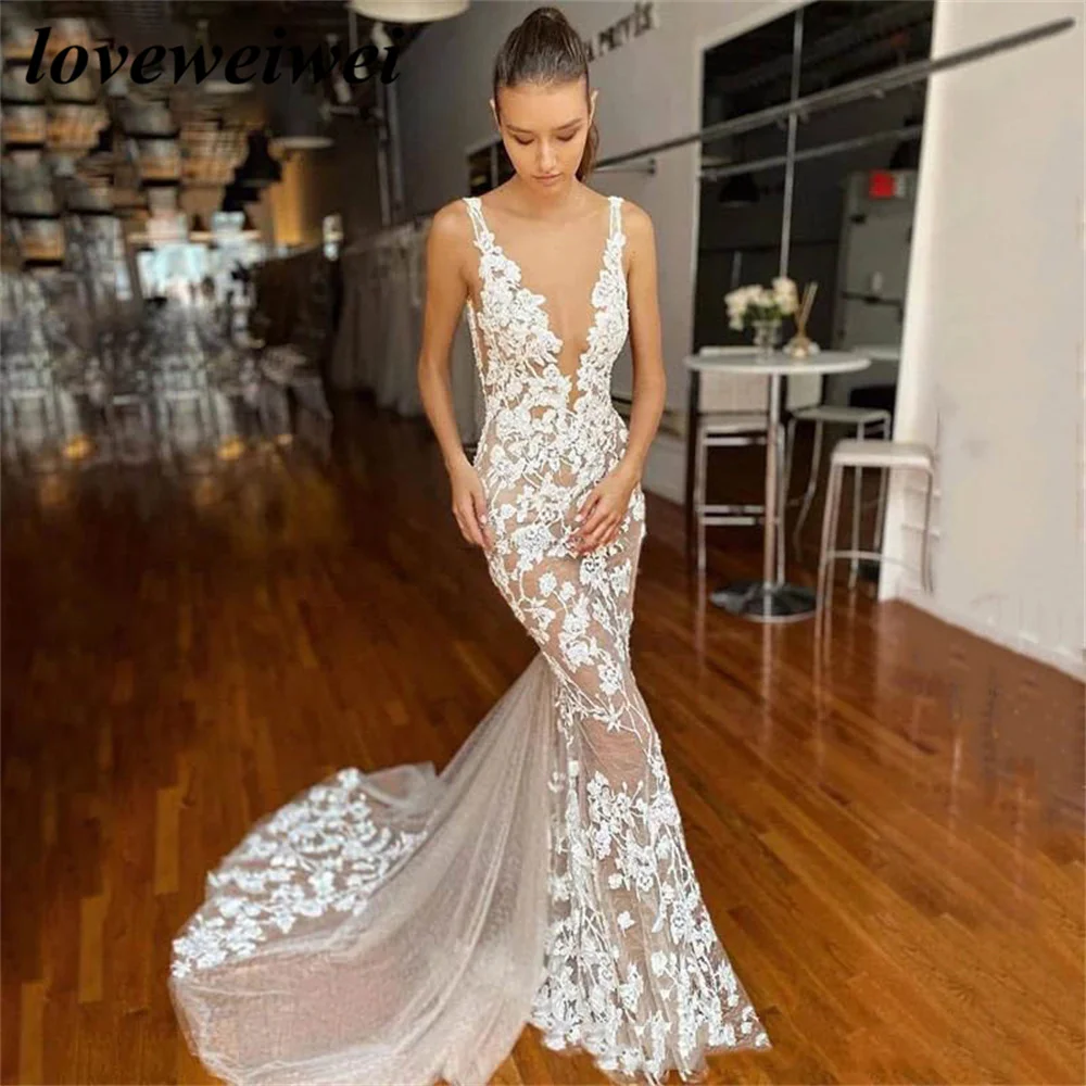 Top Trends: Sexy Lace Mermaid Wedding Dress Plunging V-Neck Boho Bridal Gown Backless Court Train Custom Vestido De Noiva Vestido De Noiva Shoppable Styles