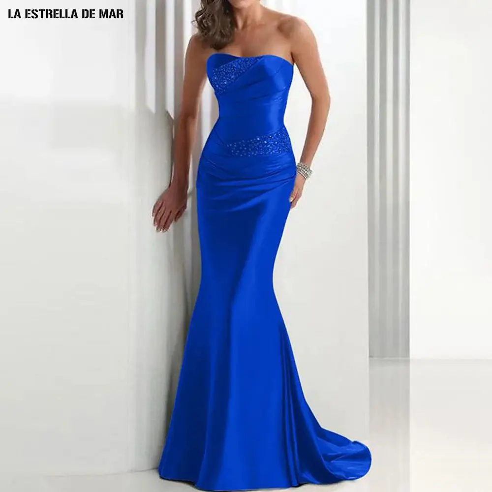 Top Trends: Blue Bridesmaid Dresses Mermaid Satin Beaded Strapless Elegant Vestidos Women For Wedding Party Sexy Evening Robe Prom EVEN Gown Shoppable Styles