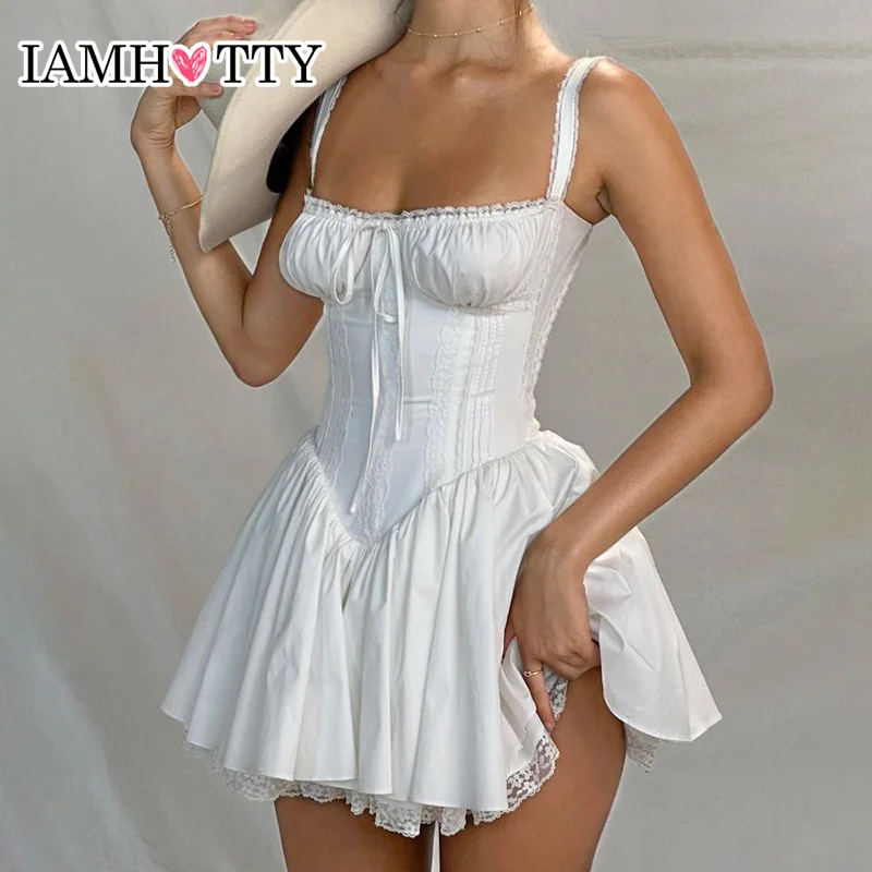 Top Trends: IAMHOTTY High-quality Lace Panel A-line Dress White Coquette Party Holiday Sleeveless Mini Corset Dresses Elegant Sweet Robe New Shoppable Styles