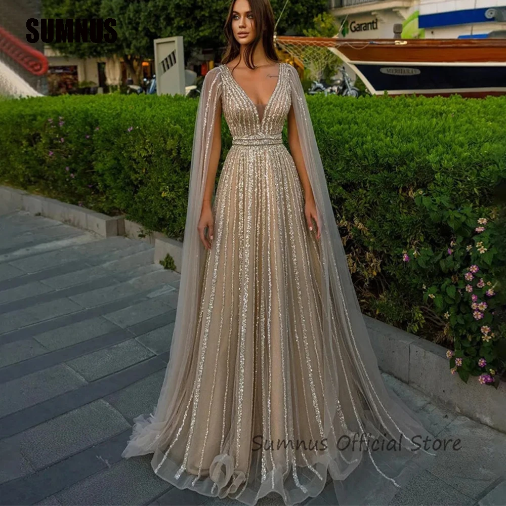 Top Trends: SUMNUS Luxury Beads A Line Evening Dresses Cape Sleeve Sexy V Neck Draped Tulle Long Arabic Evening Party Gowns Robe De Soirée Shoppable Styles