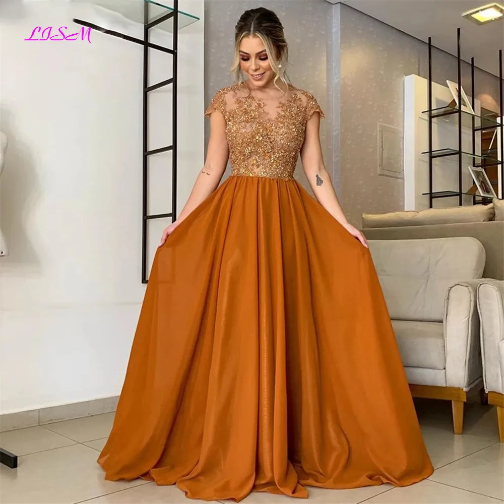 Top Trends: Elegant A-Line Chiffon Prom Dress Long Beaded Appliques Scoop Cap Sleeves Evening Gowns Illusion Back Formal Occasion Dresses Shoppable Styles