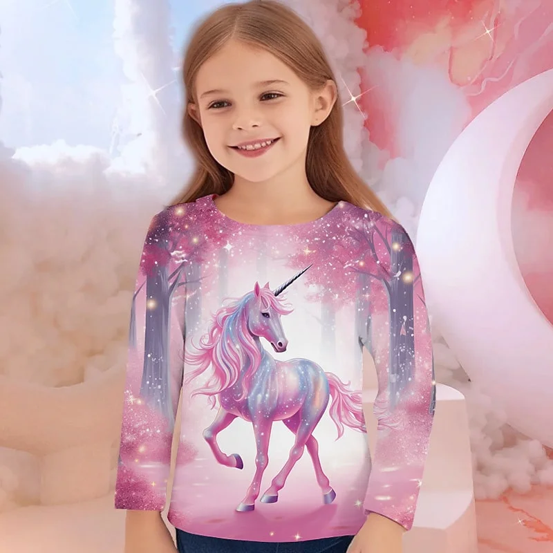 Top Trends: Girls&#039; 3D Pattern Cartoon Unicorn Print T-shirt Fashion Cute Autumn Long Sleeve Top Suitable For Casual Wear Of Girls Aged 4-12 Shoppable Styles