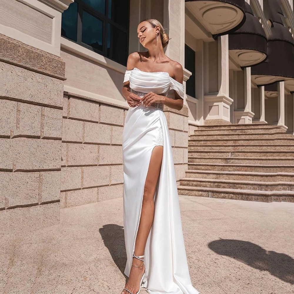 Top Trends: Msikoods Elegant Solid White Wedding Dresses Off The Shoulder Side Slit Satin Tight Formal Bride Dress Lace Pleated Bridal Gown Shoppable Styles