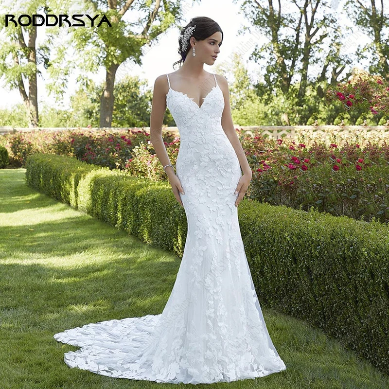 Top Trends: RODDRSYA Appliques Spaghetti Straps Wedding Dress Mermaid Bridal Wedding Gown Beach Robe De Mariée Sexy Backless Buttons 2023 Shoppable Styles