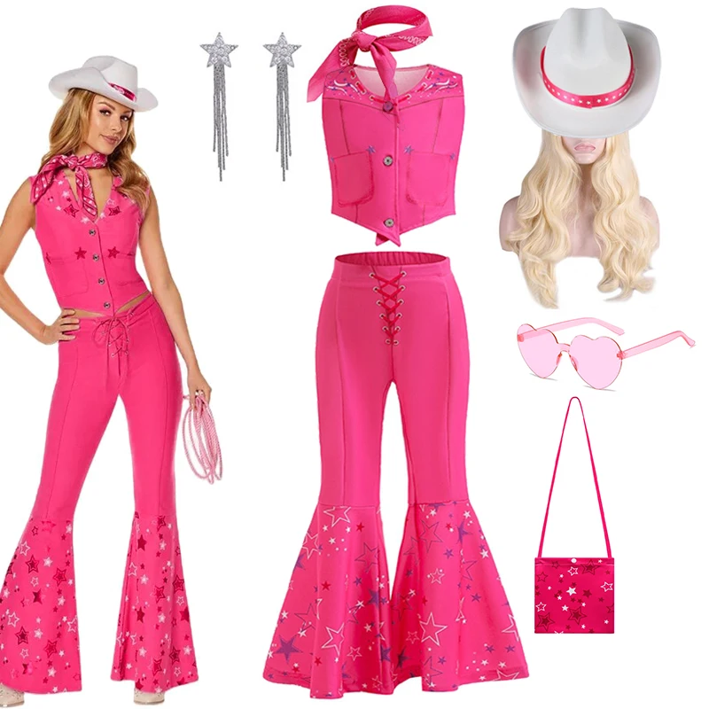 Top Trends: Movie Barbi Costume For Toddler Girls Margot Robbie Barbe Pink Top And Flared Trousers Suit Kids Halloween Birthday Party Set Shoppable Styles