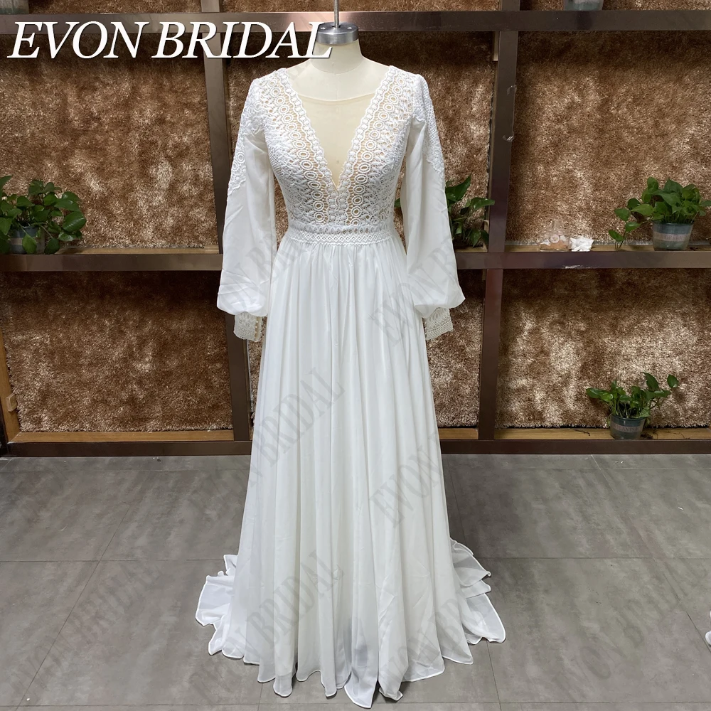 Top Trends: EVON BRIDAL Real Picture Boho Wedding Dress Chiffon Lace Robe De Mariée Puffy Sleeve Bride Gown Illusion Button Back Custom Made Shoppable Styles