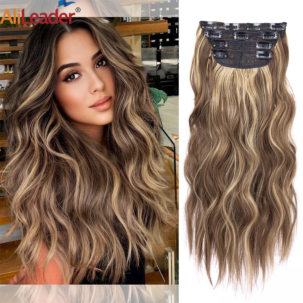 Top Trends: 4Pcs / Set 20Inch Synthetic Hair Clip In Long Wavy Thick Hairpieces For Women Full Head Synthetic Hair Extensions Ombre Hairpieces Shoppable Styles